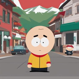 A high-quality digital art image of Saitama from 'One Punch Man' reimagined as a character in the 'South Park' animation style, complete with the show's trademark round head and small eyes, set in the iconic town of South Park