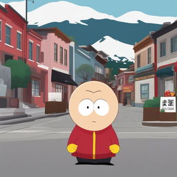 A high-quality digital art image of Saitama from 'One Punch Man' reimagined as a character in the 'South Park' animation style, complete with the show's trademark round head and small eyes, set in the iconic town of South Park