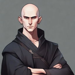 A young, muscular male half-elf monk, around 25 years old, with shaved hair and a thin beard. Dressed in deep-black monastic clothes, the character is depicted in RPG art style.