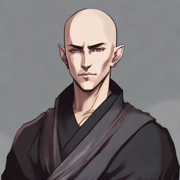 A young, muscular male half-elf monk, around 25 years old, with shaved hair and a thin beard. Dressed in deep-black monastic clothes, the character is depicted in RPG art style.