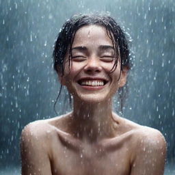 Capture Lily's expression of realization as she joyfully welcomes the rain, smiling and letting the drops fall on her face while she extends her arms in a warm embrace of the downpour.