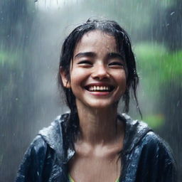 Capture Lily's expression of realization as she joyfully welcomes the rain, smiling and letting the drops fall on her face while she extends her arms in a warm embrace of the downpour.