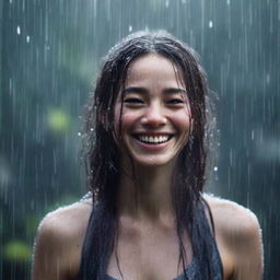 Capture Lily's expression of realization as she joyfully welcomes the rain, smiling and letting the drops fall on her face while she extends her arms in a warm embrace of the downpour.