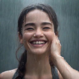 Capture Lily's expression of realization as she joyfully welcomes the rain, smiling and letting the drops fall on her face while she extends her arms in a warm embrace of the downpour.