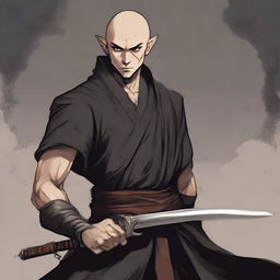 Depict a young, muscular male half-elf monk, around 25, with shaved hair, a thin beard, wearing black monastic clothes. A katana rests on his waist. The image has an RPG art style.