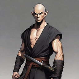 Depict a young, muscular male half-elf monk, around 25, with shaved hair, a thin beard, wearing black monastic clothes. A katana rests on his waist. The image has an RPG art style.