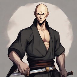 Depict a young, muscular male half-elf monk, around 25, with shaved hair, a thin beard, wearing black monastic clothes. A katana rests on his waist. The image has an RPG art style.