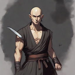 Depict a young, muscular male half-elf monk, around 25, with shaved hair, a thin beard, wearing black monastic clothes. A katana rests on his waist. The image has an RPG art style.