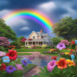 Render a vivid image of a passing storm leaving behind a majestic rainbow over Lily's garden. The flowers, now taller, brighter, and adorned with glistening raindrops, emanate vibrancy.