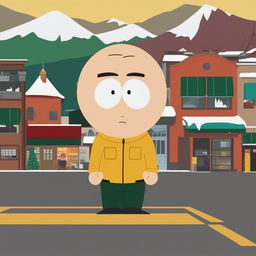 A high-resolution digital art image showing Saitama from 'One Punch Man' depicted as a 'South Park' character, with the show's characteristic round head and minimalistic eyes, set against the backdrop of the iconic South Park town