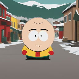 A high-resolution digital art image showing Saitama from 'One Punch Man' depicted as a 'South Park' character, with the show's characteristic round head and minimalistic eyes, set against the backdrop of the iconic South Park town