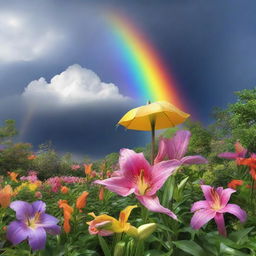 Render a vivid image of a passing storm leaving behind a majestic rainbow over Lily's garden. The flowers, now taller, brighter, and adorned with glistening raindrops, emanate vibrancy.