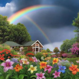 Render a vivid image of a passing storm leaving behind a majestic rainbow over Lily's garden. The flowers, now taller, brighter, and adorned with glistening raindrops, emanate vibrancy.