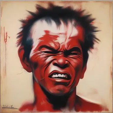 The painting depicted a short-tempered character with fierce expressions and a reddened face.