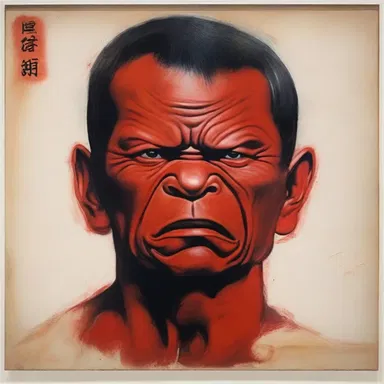 The painting depicted a short-tempered character with fierce expressions and a reddened face.