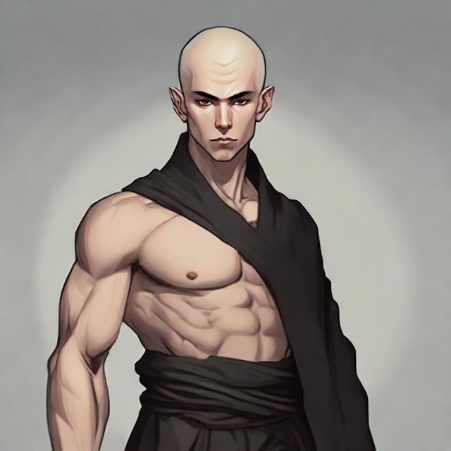 Visualize a strong, young male half-elf monk in his mid-twenties. He has shaved hair, a thin beard, and wears black monastic clothes, his well-defined muscles apparent beneath. The style should be RPG art.