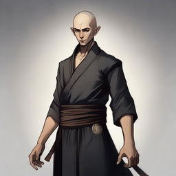 Visualize a strong, young male half-elf monk in his mid-twenties. He has shaved hair, a thin beard, and wears black monastic clothes, his well-defined muscles apparent beneath. The style should be RPG art.