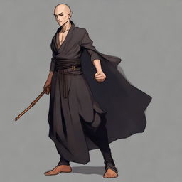 Visualize a strong, young male half-elf monk in his mid-twenties. He has shaved hair, a thin beard, and wears black monastic clothes, his well-defined muscles apparent beneath. The style should be RPG art.