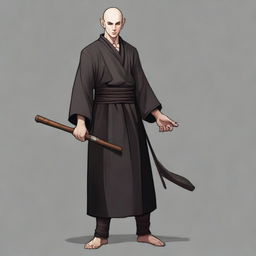 Visualize a strong, young male half-elf monk in his mid-twenties. He has shaved hair, a thin beard, and wears black monastic clothes, his well-defined muscles apparent beneath. The style should be RPG art.