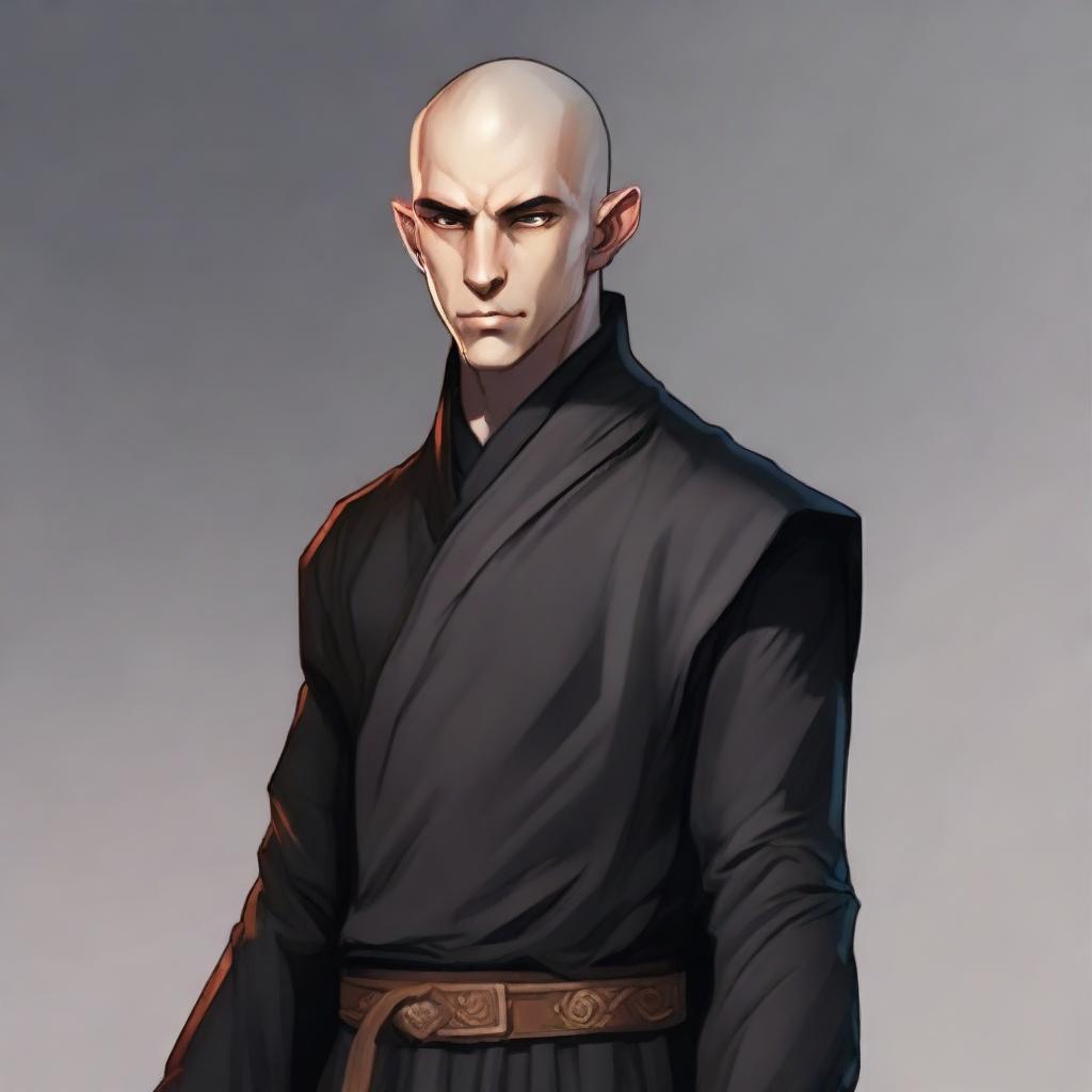 A 25-year-old, muscular male half-elf monk with shaved hair, a thin beard, dressed in black monastic clothes. The image should be in RPG art style.