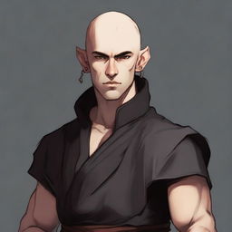 A 25-year-old, muscular male half-elf monk with shaved hair, a thin beard, dressed in black monastic clothes. The image should be in RPG art style.