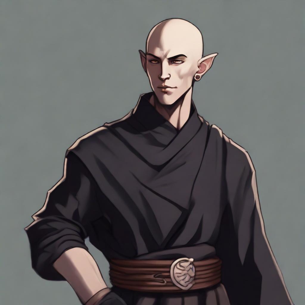 A 25-year-old, muscular male half-elf monk with shaved hair, a thin beard, dressed in black monastic clothes. The image should be in RPG art style.