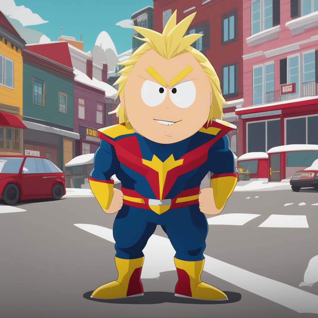 A humorous, high-quality digital art image of All Might from 'My Hero Academia' reimagined as a character in the 'South Park' animation style, complete with the show's signature round head and small eyes, set in the iconic town of South Park