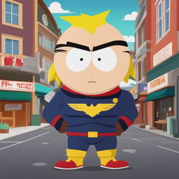 A humorous, high-quality digital art image of All Might from 'My Hero Academia' reimagined as a character in the 'South Park' animation style, complete with the show's signature round head and small eyes, set in the iconic town of South Park