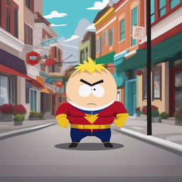 A humorous, high-quality digital art image of All Might from 'My Hero Academia' reimagined as a character in the 'South Park' animation style, complete with the show's signature round head and small eyes, set in the iconic town of South Park