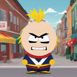 A humorous, high-quality digital art image of All Might from 'My Hero Academia' reimagined as a character in the 'South Park' animation style, complete with the show's signature round head and small eyes, set in the iconic town of South Park