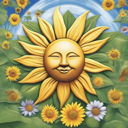 Create an inspirational image conveying the message of growth and resilience in the face of adversity, symbolized through the cycle of sun and rain nurturing a lush garden.