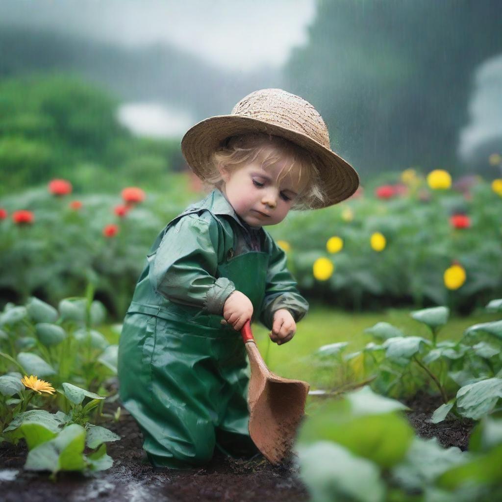 A small child dressed as a gardener tending to a garden under a looming rain cloud filled with emotion and anticipation.