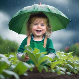 A small child dressed as a gardener tending to a garden under a looming rain cloud filled with emotion and anticipation.