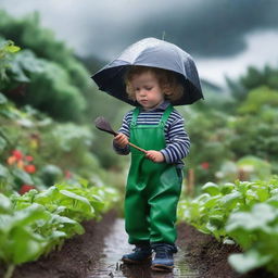 A small child dressed as a gardener tending to a garden under a looming rain cloud filled with emotion and anticipation.