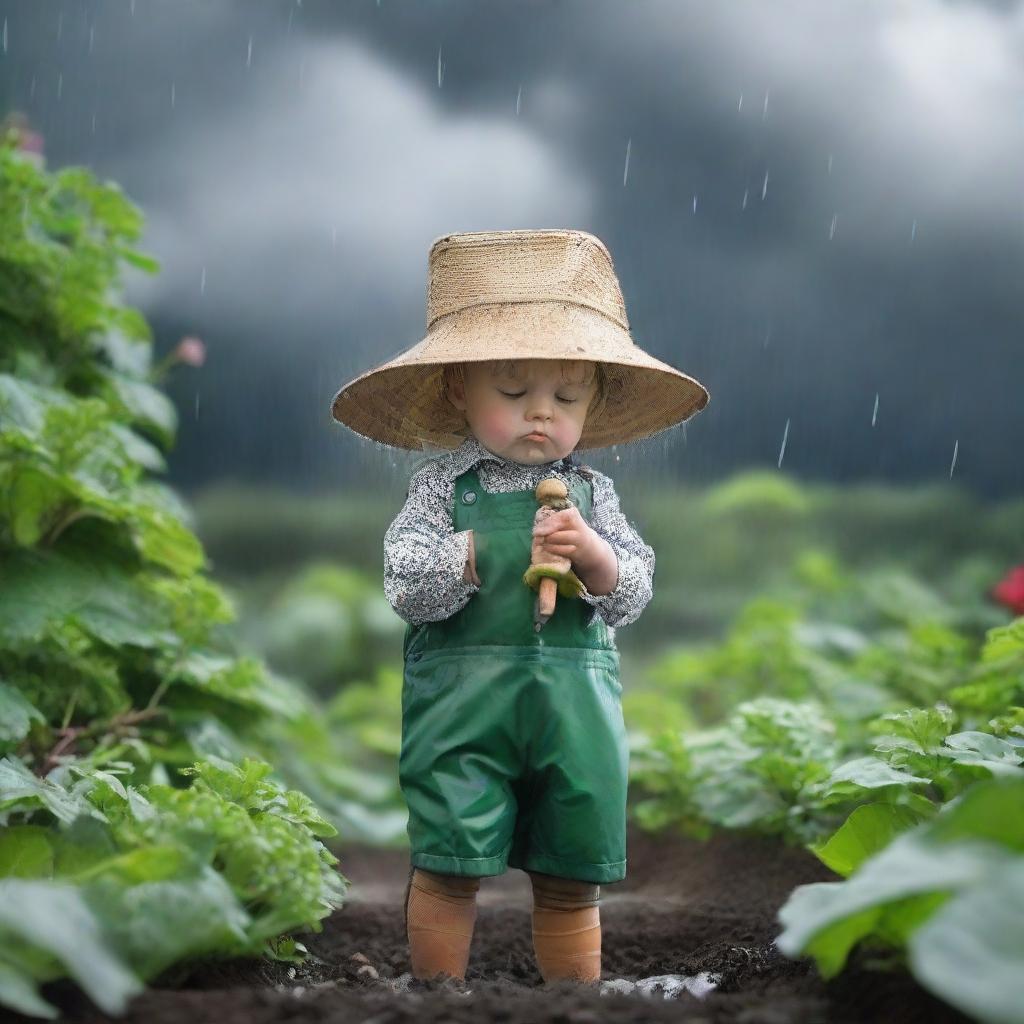 A small child dressed as a gardener tending to a garden under a looming rain cloud filled with emotion and anticipation.