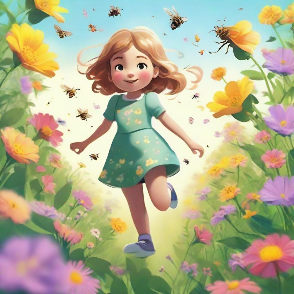 A radiant girl named Lily joyously skipping through an illuminated garden overflowing with vibrant flowers, while watering her plants under the buzzing bees.