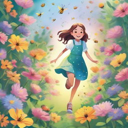 A radiant girl named Lily joyously skipping through an illuminated garden overflowing with vibrant flowers, while watering her plants under the buzzing bees.