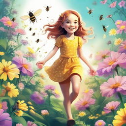 A radiant girl named Lily joyously skipping through an illuminated garden overflowing with vibrant flowers, while watering her plants under the buzzing bees.