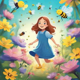 A radiant girl named Lily joyously skipping through an illuminated garden overflowing with vibrant flowers, while watering her plants under the buzzing bees.