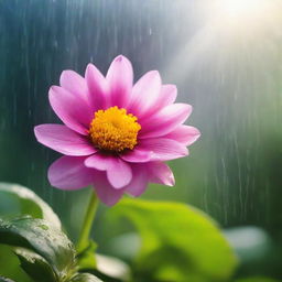 An inspiring scene demonstrating the life lesson that challenges nurture growth, represented by a flower blooming under a mix of sunshine and rain.