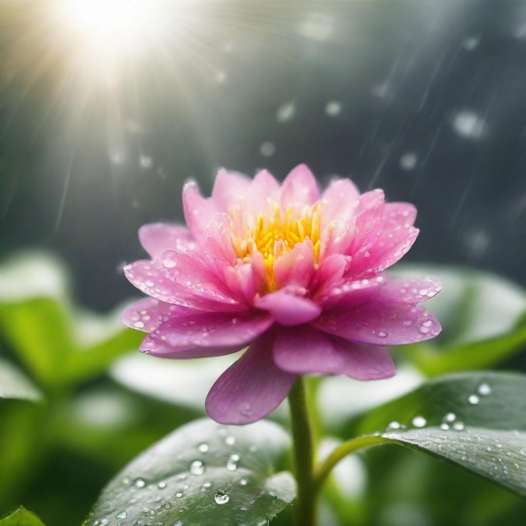 An inspiring scene demonstrating the life lesson that challenges nurture growth, represented by a flower blooming under a mix of sunshine and rain.