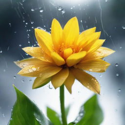 An inspiring scene demonstrating the life lesson that challenges nurture growth, represented by a flower blooming under a mix of sunshine and rain.