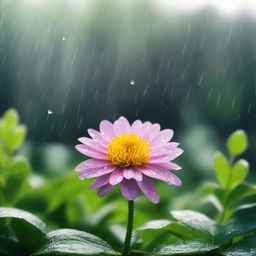 An inspiring scene demonstrating the life lesson that challenges nurture growth, represented by a flower blooming under a mix of sunshine and rain.