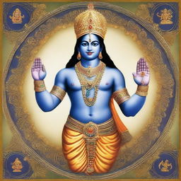 Lord Krishna depicted with four hands. In one hand, he holds the universe, in the second hand, a symbolic representation of matter and non-matter. The third hand holds an emblem of goodness, and the fourth hand cradles an embodiment of badness.