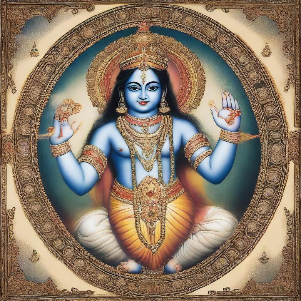 Lord Krishna depicted with four hands. In one hand, he holds the universe, in the second hand, a symbolic representation of matter and non-matter. The third hand holds an emblem of goodness, and the fourth hand cradles an embodiment of badness.