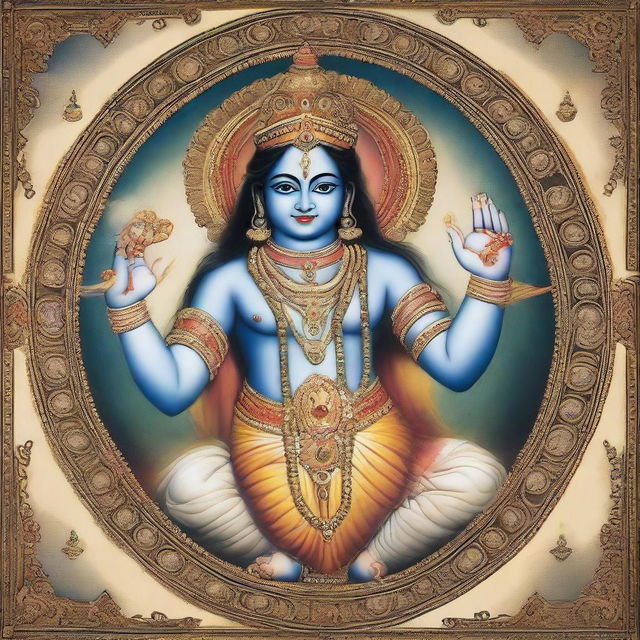 Lord Krishna depicted with four hands. In one hand, he holds the universe, in the second hand, a symbolic representation of matter and non-matter. The third hand holds an emblem of goodness, and the fourth hand cradles an embodiment of badness.