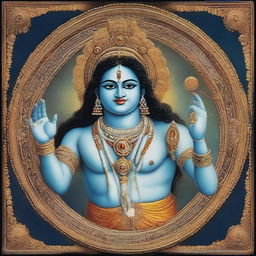 Lord Krishna depicted with four hands. In one hand, he holds the universe, in the second hand, a symbolic representation of matter and non-matter. The third hand holds an emblem of goodness, and the fourth hand cradles an embodiment of badness.