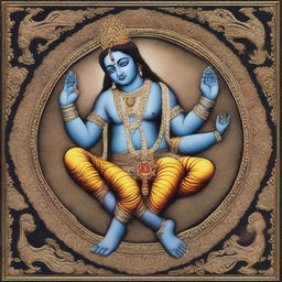 Lord Krishna depicted with four hands. In one hand, he holds the universe, in the second hand, a symbolic representation of matter and non-matter. The third hand holds an emblem of goodness, and the fourth hand cradles an embodiment of badness.