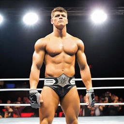 Professional wrestler Cody Rhodes, in his signature wrestling attire, displaying a pose of triumph in a wrestling ring.