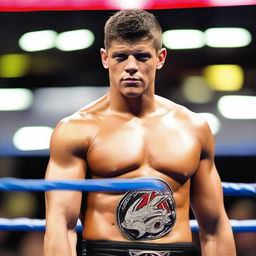 Professional wrestler Cody Rhodes, in his signature wrestling attire, displaying a pose of triumph in a wrestling ring.